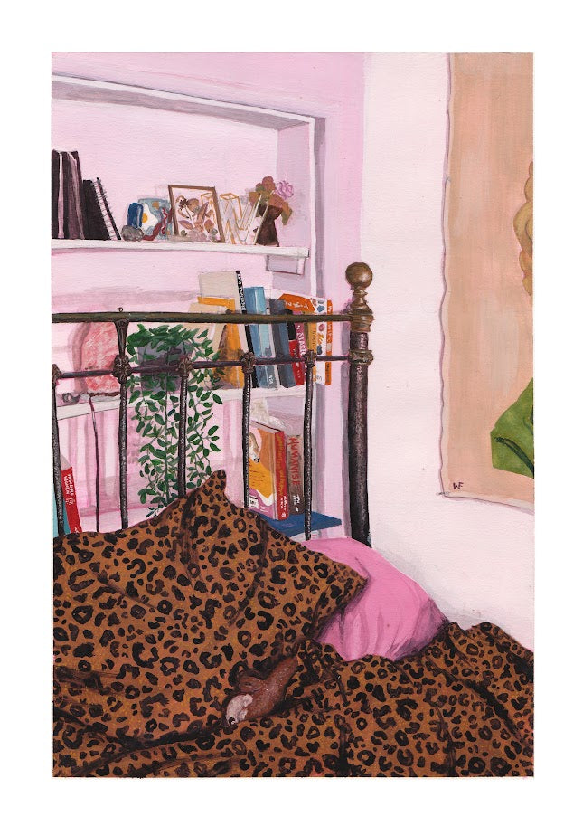 A painted bedroom scene showing a bed with leopard-print bedding, pink pillows, a black metal headboard, shelves with books and framed items, and a pale pink wall. Original Artowrk by Freddie Farrow