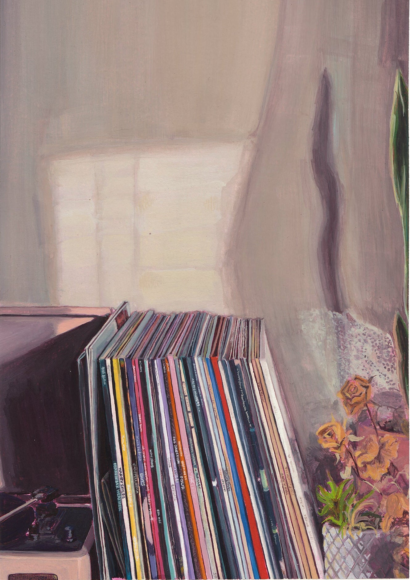 'Record Record by Freddie Farrow' A detailed painting depicting a stack of colorful vinyl record sleeves leaning against a wall next to a record player and a vase of dried flowers and other plants.